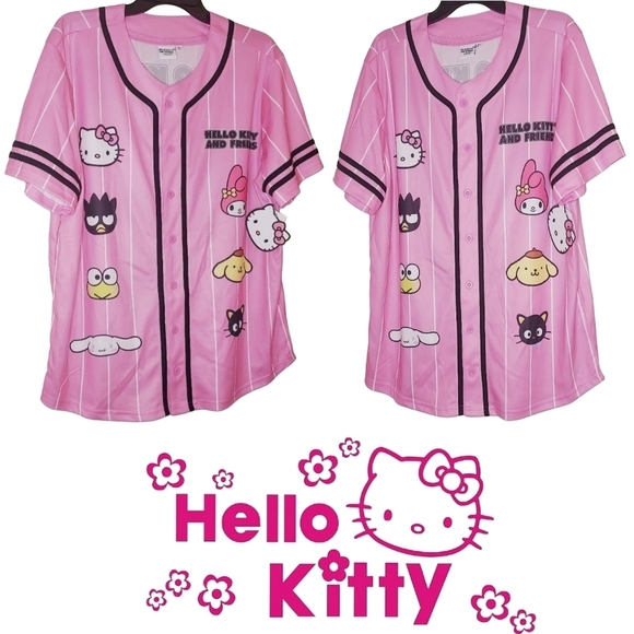 Hello Kitty Sanrio Pink Rose Button Down Trending Spring Sporty Baseball Jersey - Picture 5 of 8